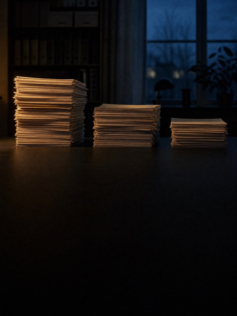 Drei Papierstapel deutlich verschiedener Höhe nebeneinander auf einem dunklen Schreibtisch, vom höchsten links zum niedrigsten rechts, von einer Lampe gestreift.